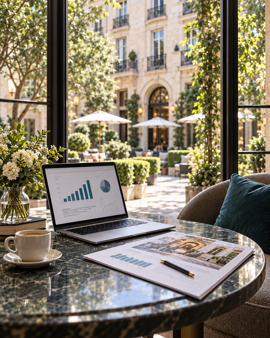 Laptop and business report in a hotel lounge overlooking a historic courtyard